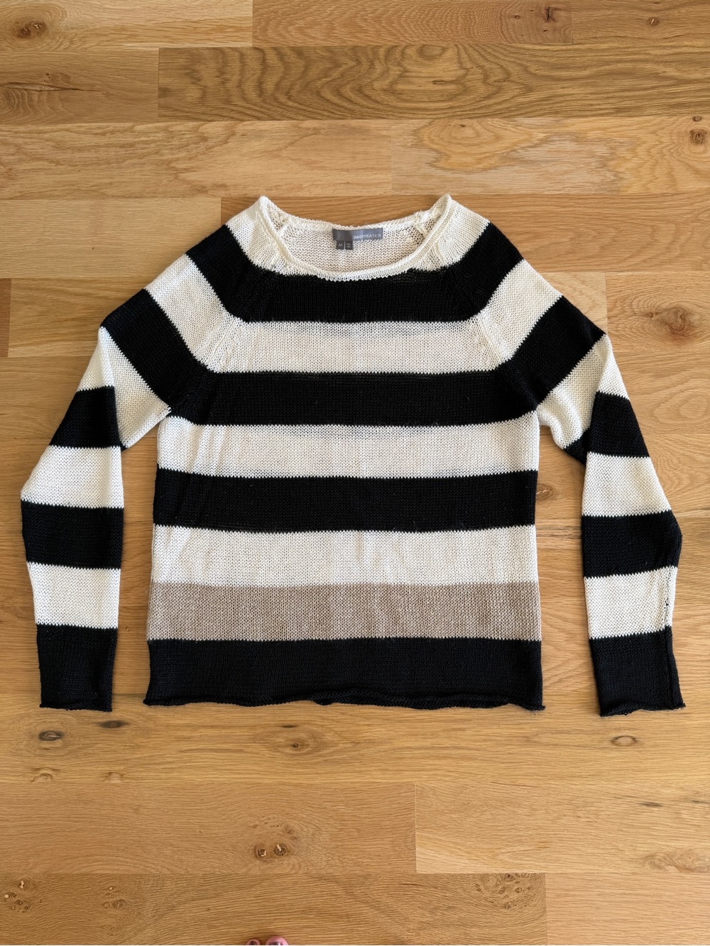 360 Sweater Black, White & Taupe Striped Crewneck - Size M